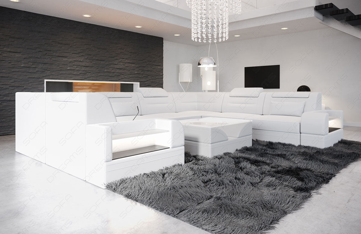 U Form Ledersofa Trivento Mini mit Beleuchtung in weiß