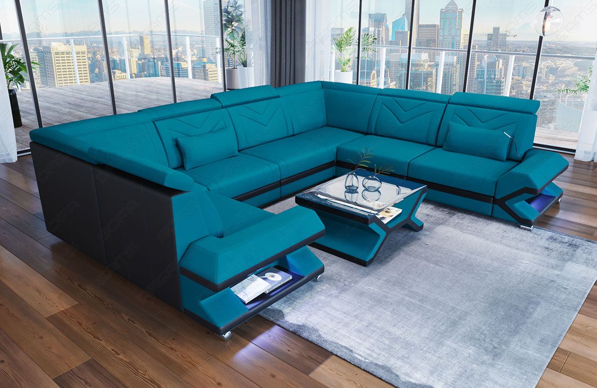 Luxus Wohnlandschaft Sorrento U Form Mikrofaser in azurblau - Mineva 23