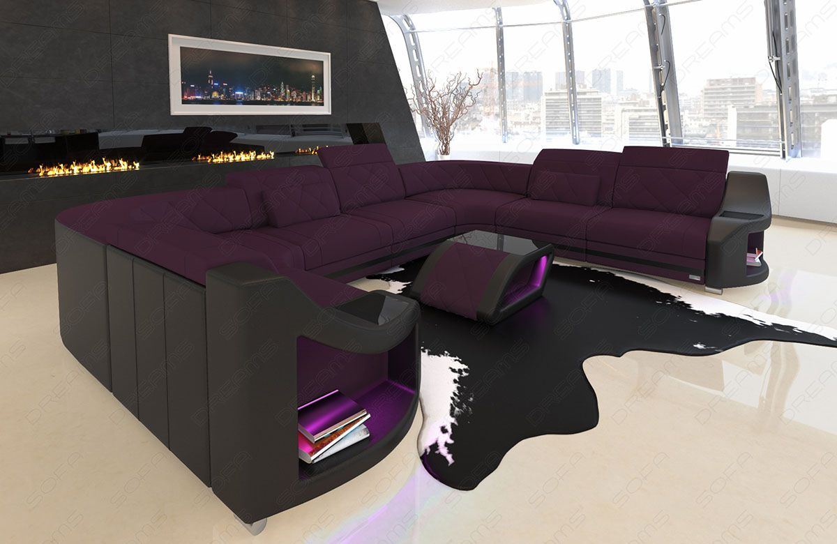 U Form Sofa Genua Mini mit LED in einem Stoffbezug in lila - Mineva13