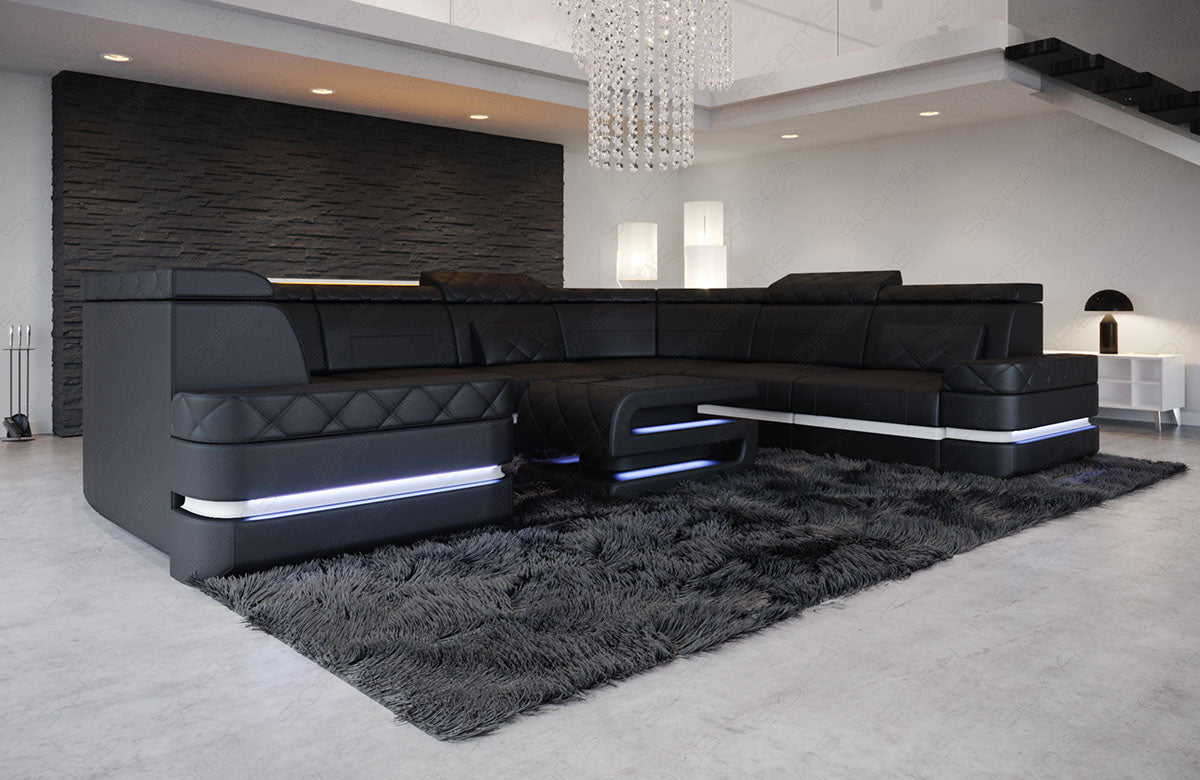 Ledersofa Positano U Form in Schwarz - Weiß