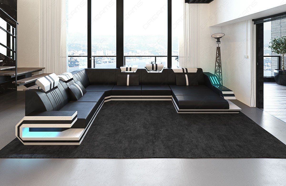 Ledersofa Ravenna XXL mit LED Beleuchtung in schwarz-weiss