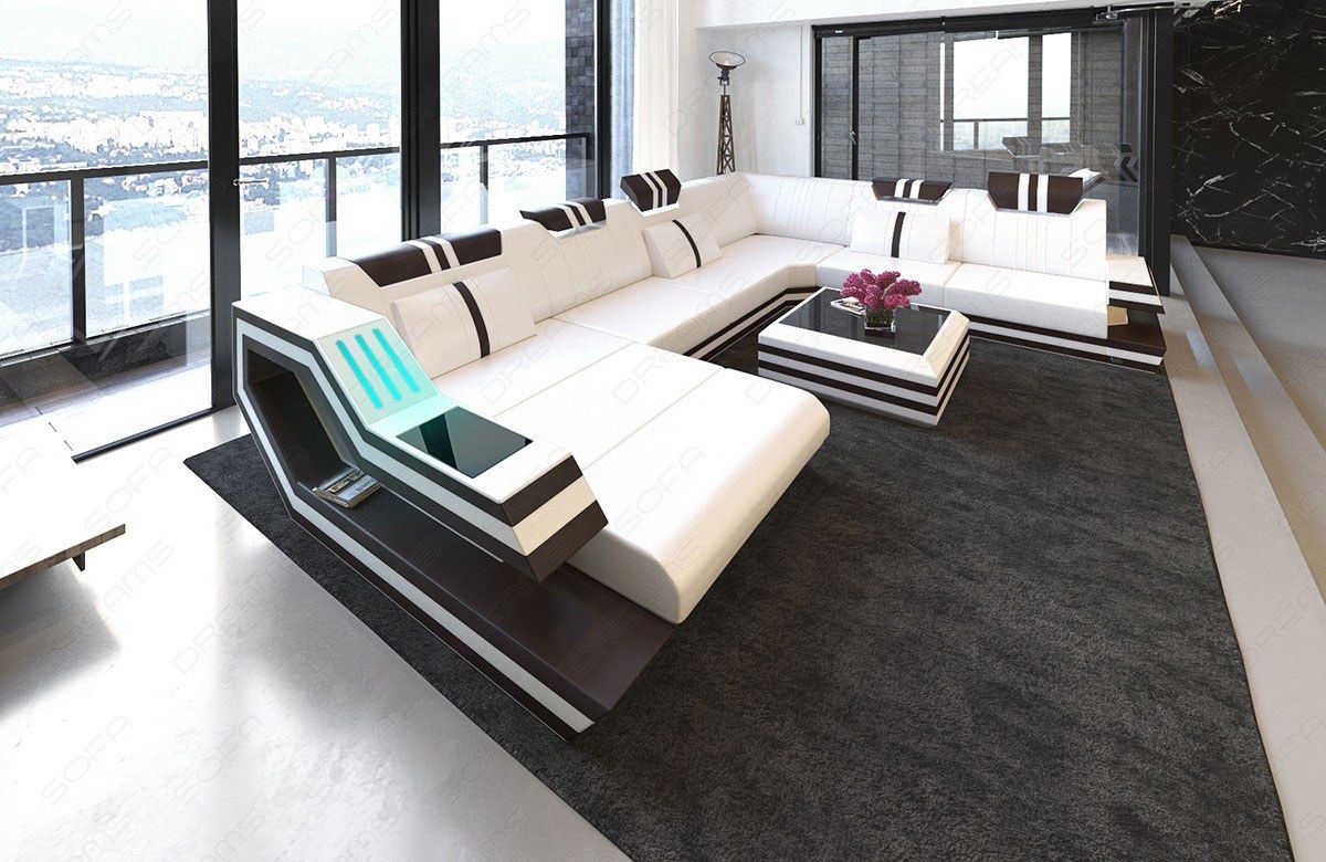 Ledercouch Ravenna in XXL mit LED und USB in weiss-schwarz