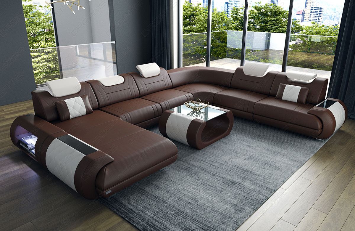 Leder Wohnlandschaft Rimini XL in dunkelbraun - weiss