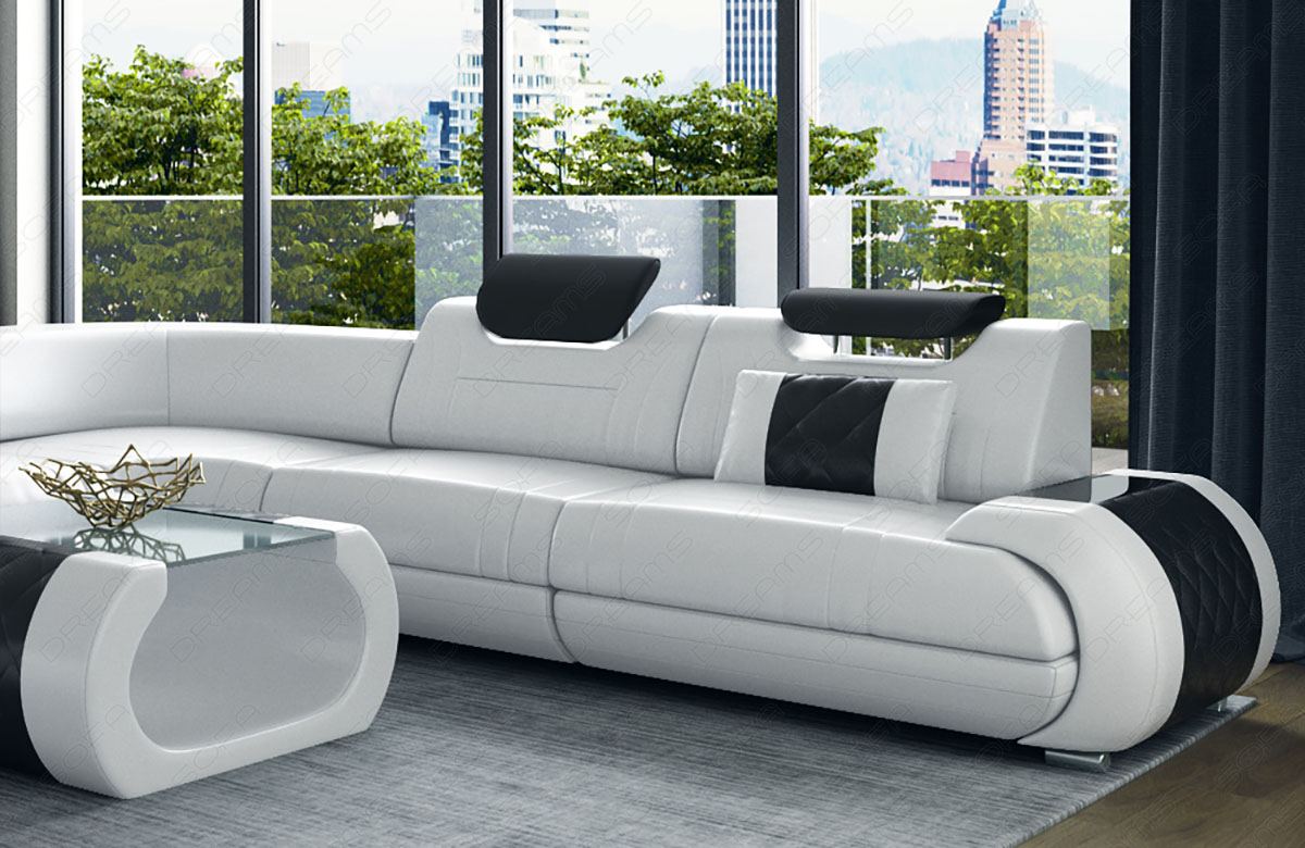 Leder Wohnlandschaft Rimini XL in weiss - schwarz