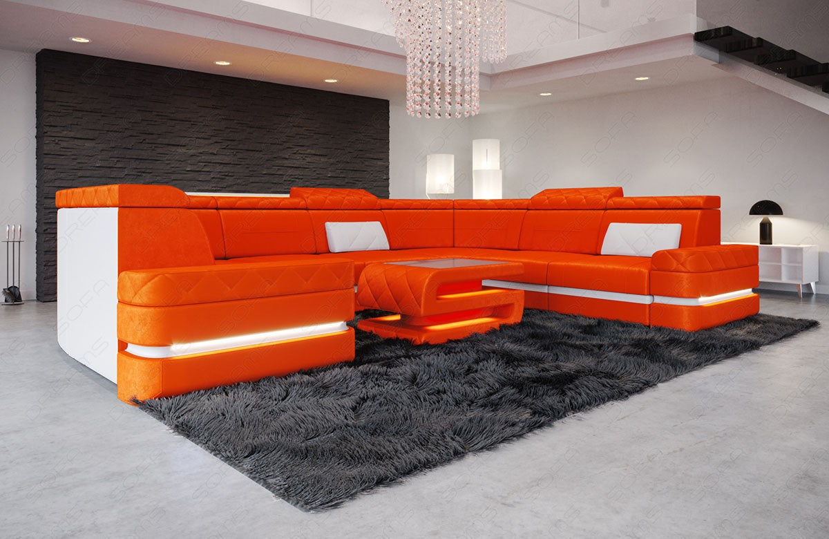 Samtstoff Wohnlandschaft Positano U Form in orange - SunVelvet1012 - Nebenfarbe weiß