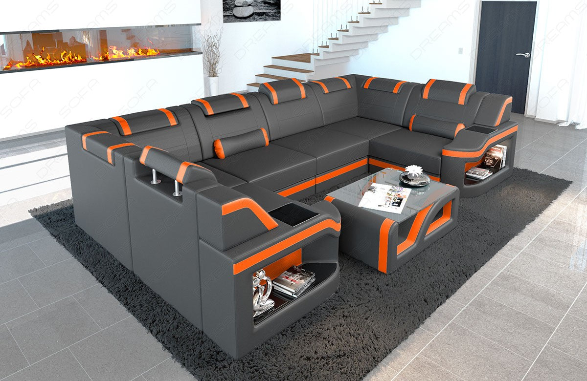 Leder Wohnlandschaft Padua U Form in grau-orange mit LED Beleuchtung