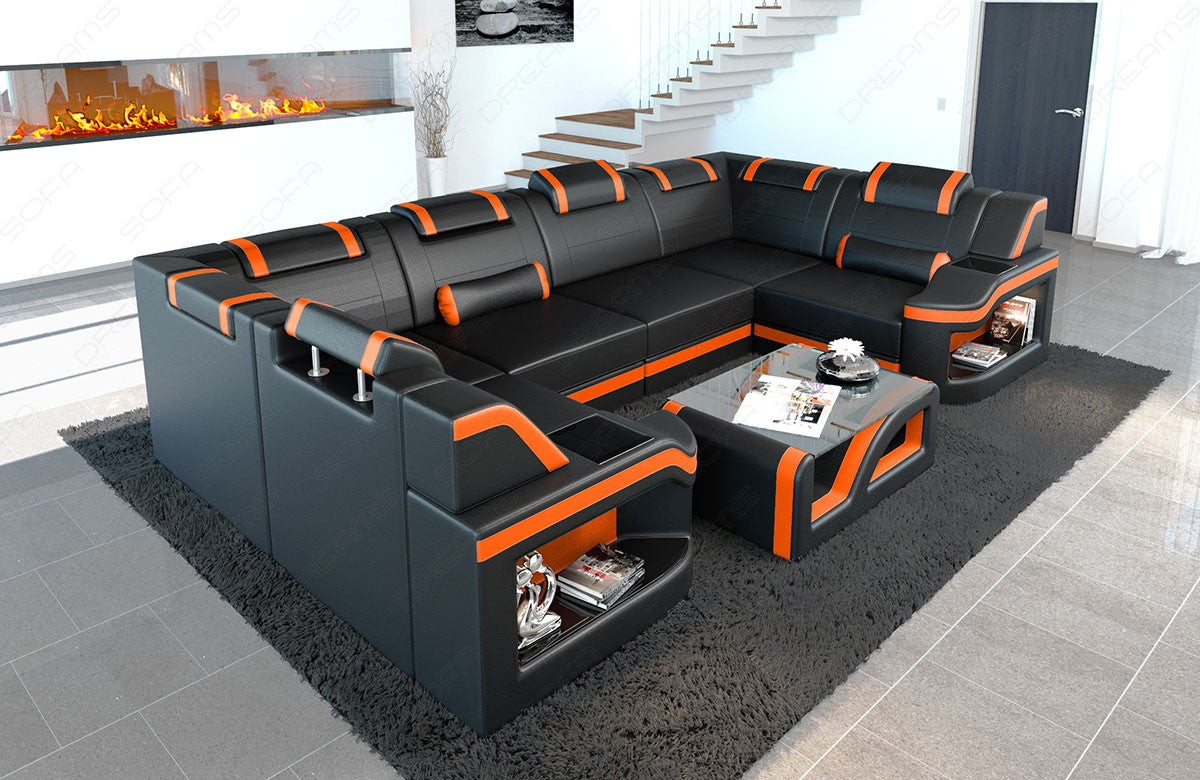 Leder Wohnlandschaft Padua U Form in schwarz-orange mit LED Beleuchtung