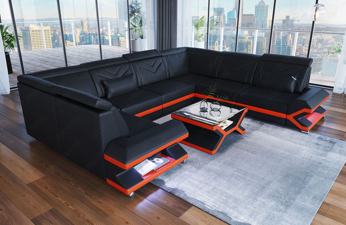 Wohnlandschaft Leder Sorrento in schwarz - orange