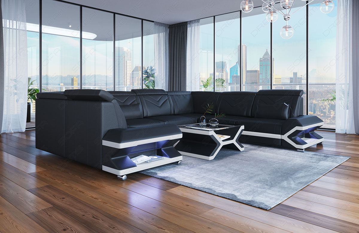 Design Wohnlandschaft Leder Sorrento in schwarz - weiss