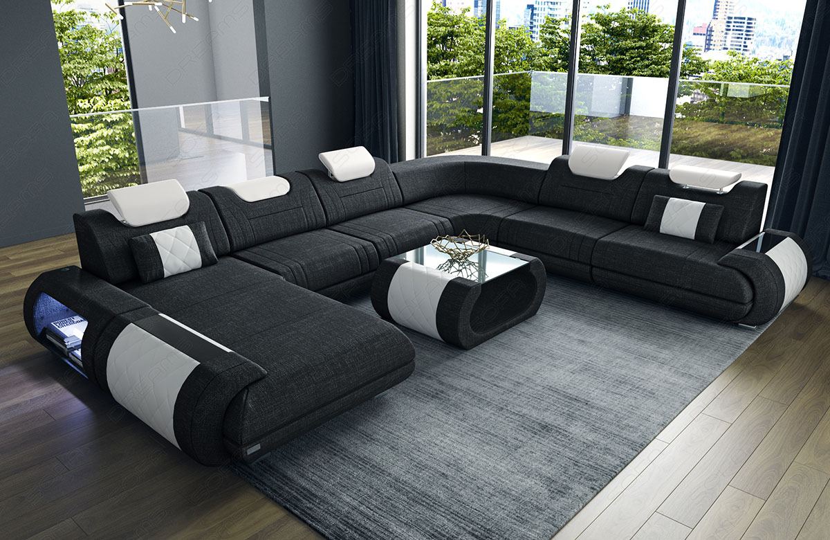 Design Stoff Wohnlandschaft Rimini XXL in dunkelgrau - Hugo13 Strukturstoff