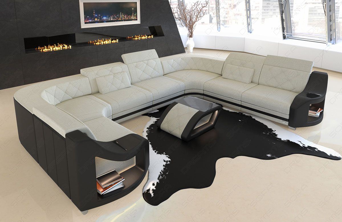 U Form Sofa Genua Mini mit LED in einem Stoffbezug in elfenbein - Hugo1 Strukturstoff