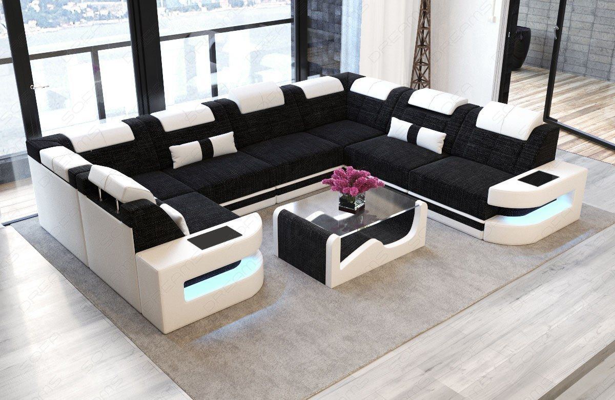 Stoffsofa Como U Form mit LED-Beleuchtung in dunkelgrau - Hugo13 Strukturstoff