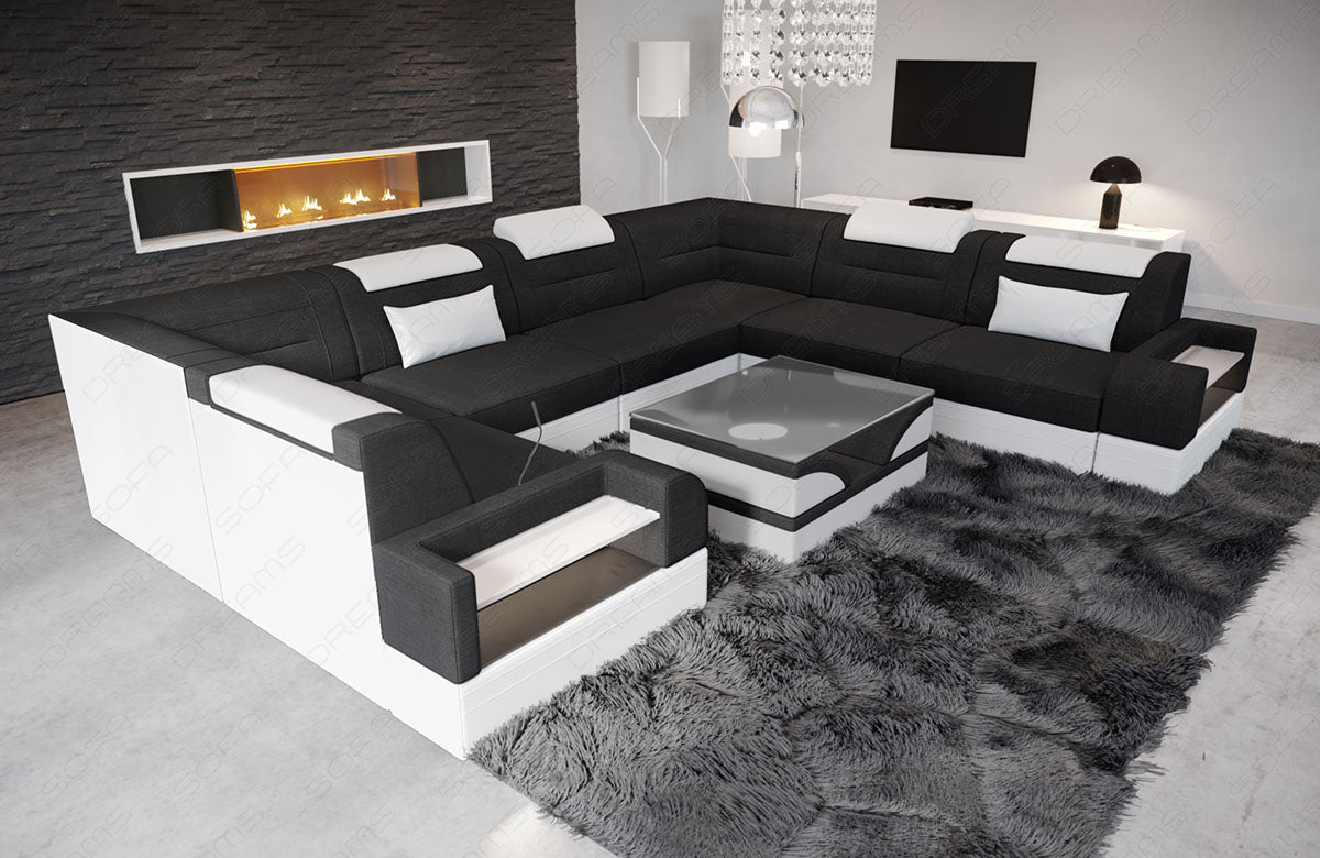 Design Stoff Wohnlandschaft Trivento U Form in schwarz - Hugo14 Strukturstoff