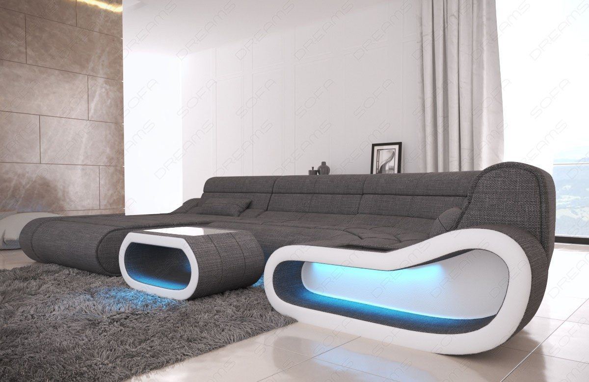 Stoff Wohnlandschaft Concept U Form mit LED-Beleuchtung in grau - Hugo5 Strukturstoff