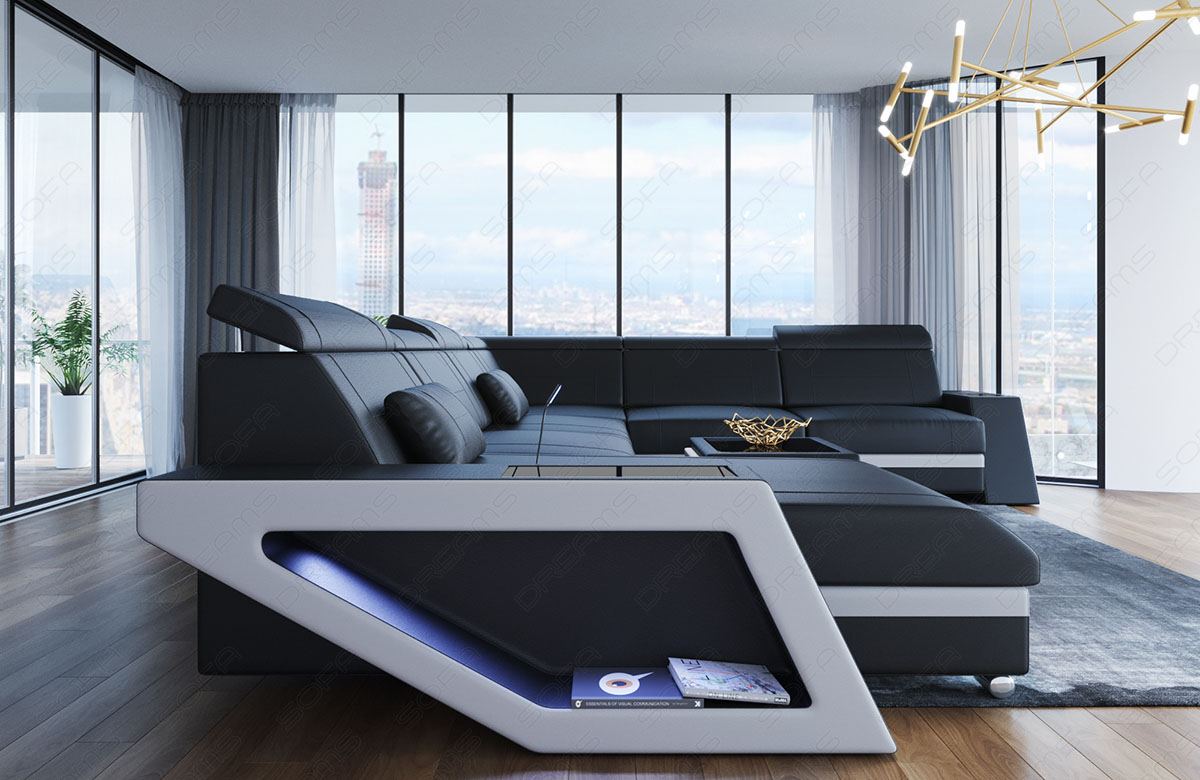 Ledersofa Catania Mini XXL mit LED und USB in schwarz - weiss