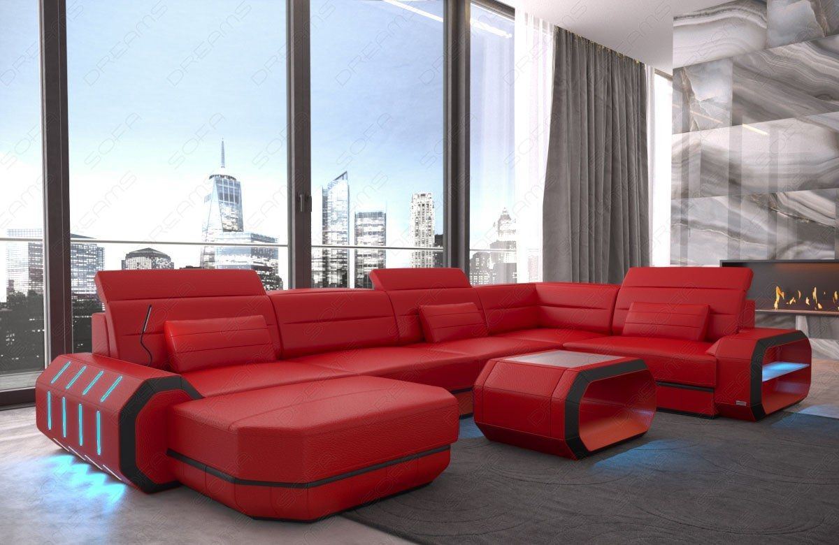 Design Wohnlandschaft Roma U Form mit LED - rot-schwarz