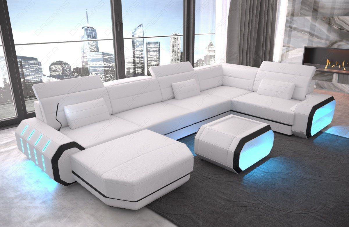 Mini U Form Ledersofa Roma mit LED und auch USB - weiss-schwarz