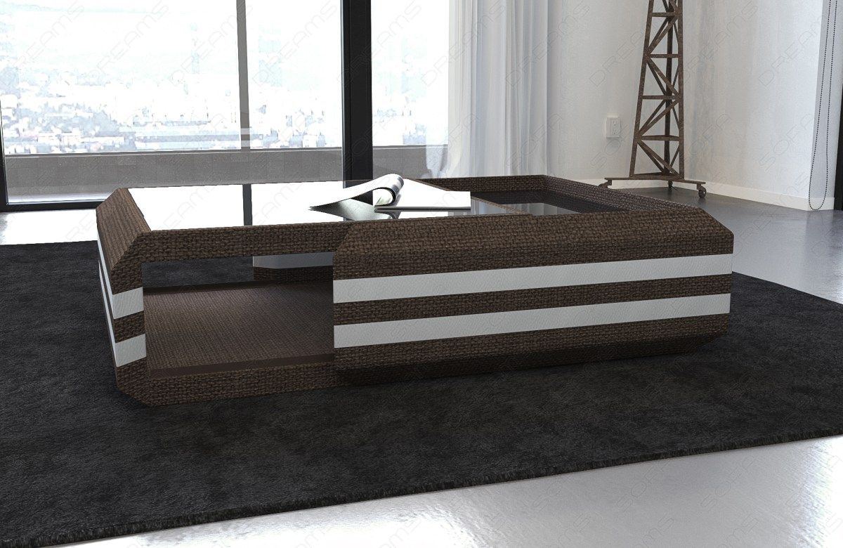 Couchtisch Ravenna Stoff Leder Mix in braun - Hugo8 - optional mit LED-Beleuchtung erhältlich