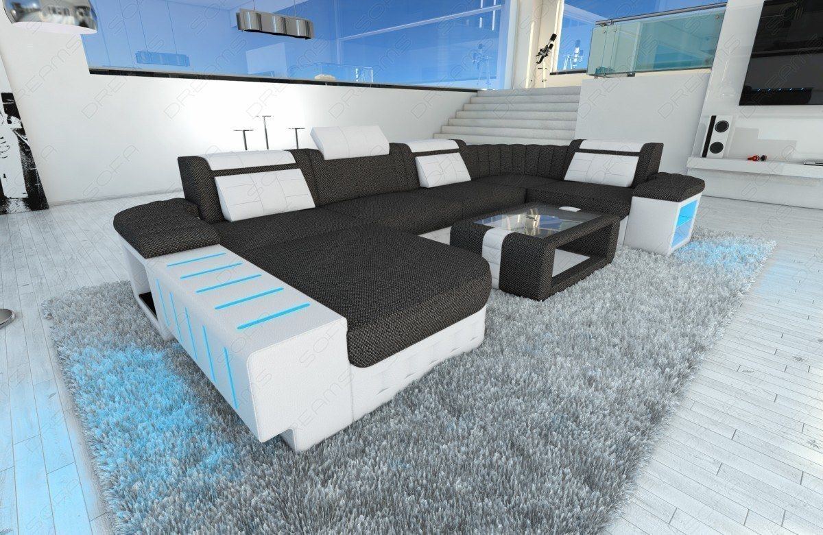 Stoff Wohnlandschaft Bellagio U Form in schwarz-grau - Hugo12 Strukturstoff