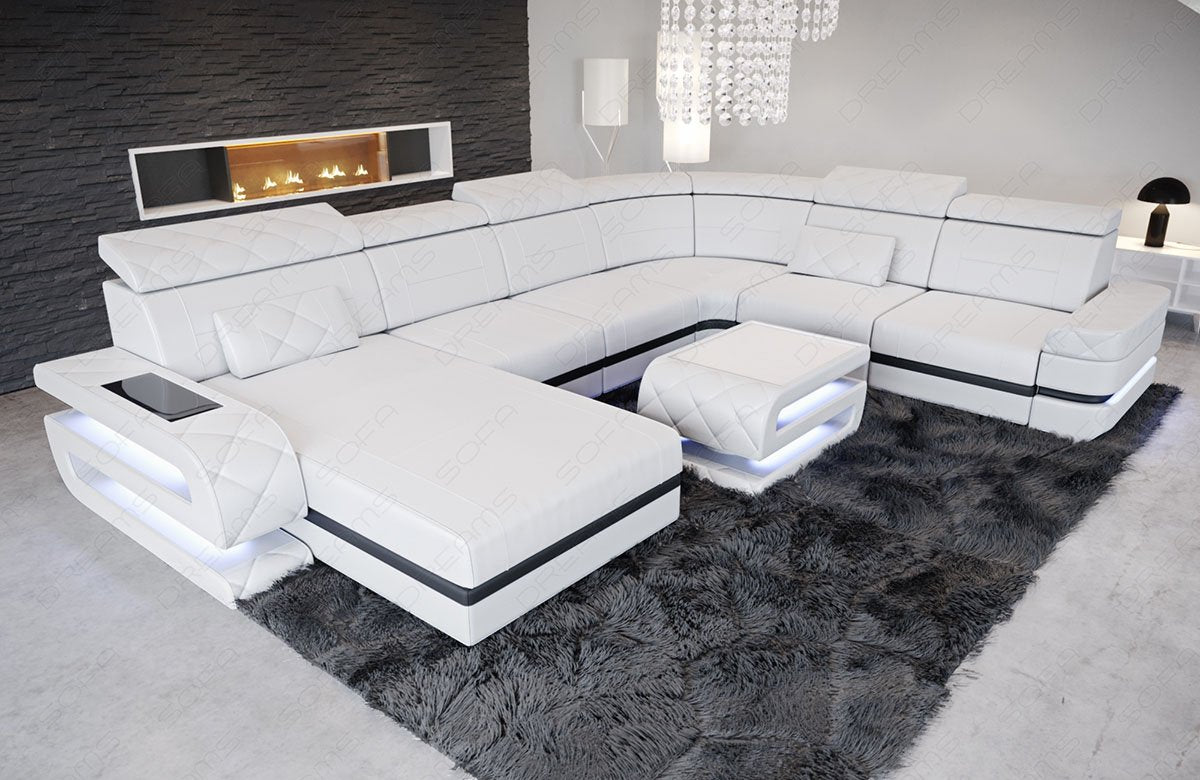 Elegante Leder Wohnlandschaft Bologna XXL in weiss - schwarz