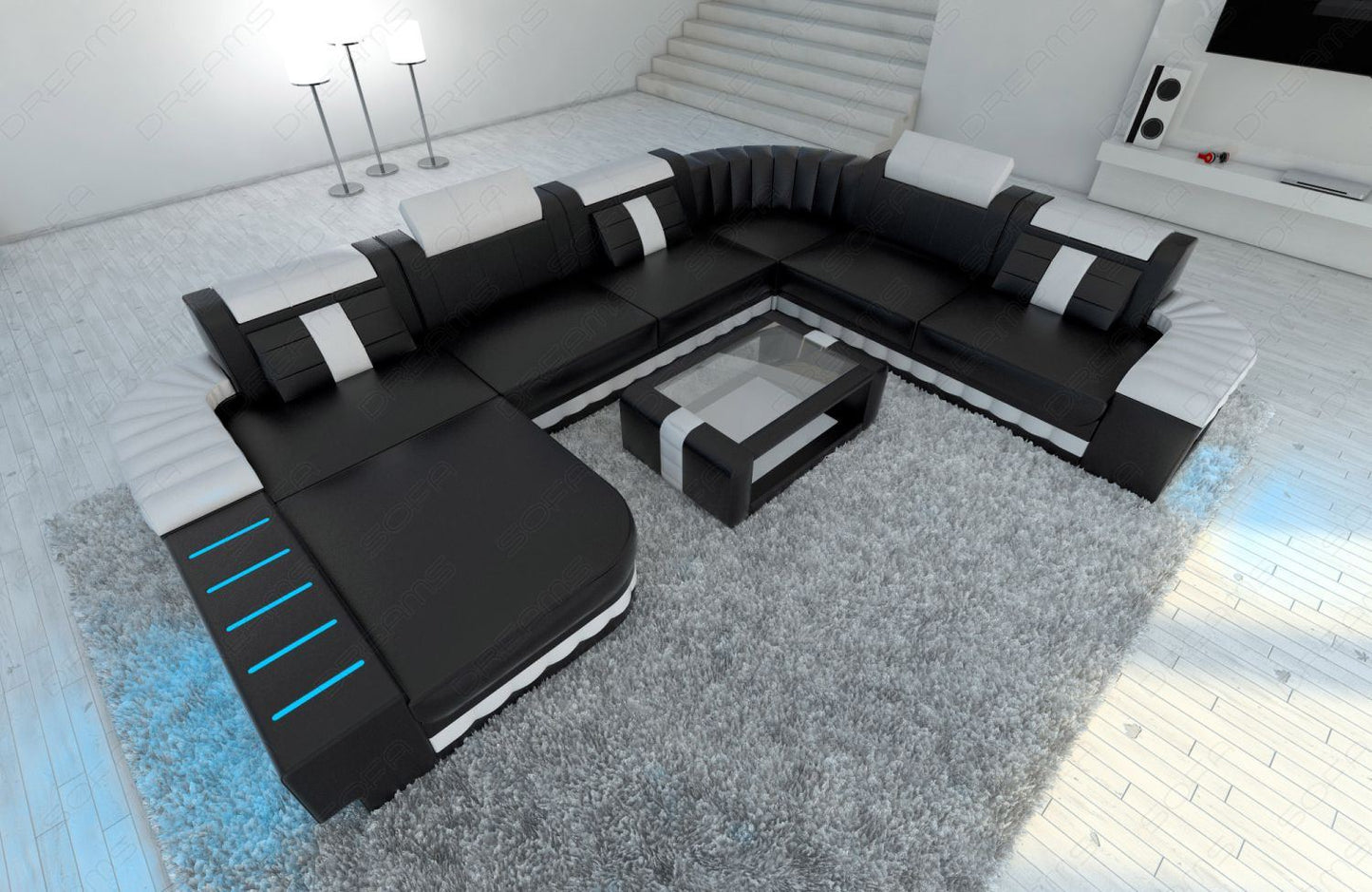 Ledercouch Wohnlandschaft Bellagio XXL in schwarz-weiss