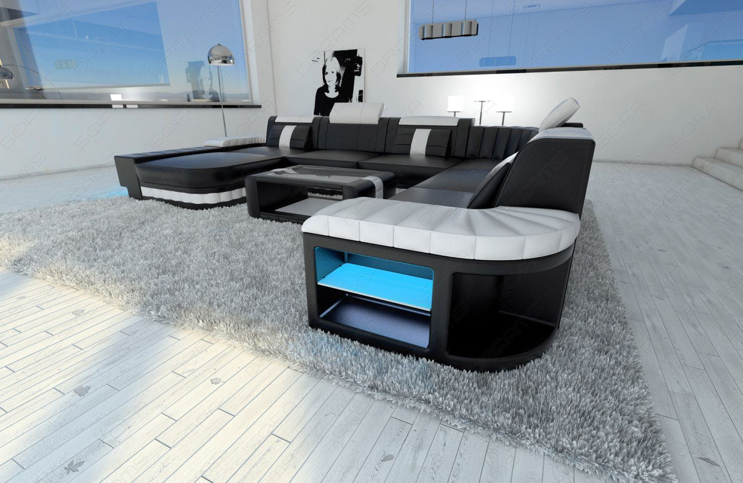 Ledercouch Wohnlandschaft Bellagio XXL in schwarz-weiss
