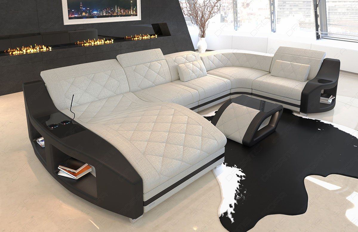 U Form Stoffsofa Swing als Mini Sofa mit LED mit Ottomane in elfenbein - Hugo1