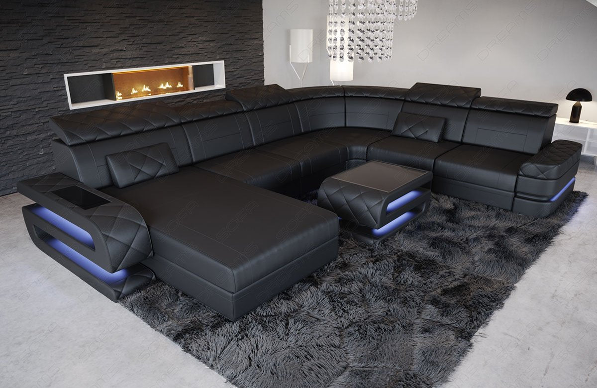 Ledersofa Bologna XXL als Mini Version mit LED Licht in schwarz