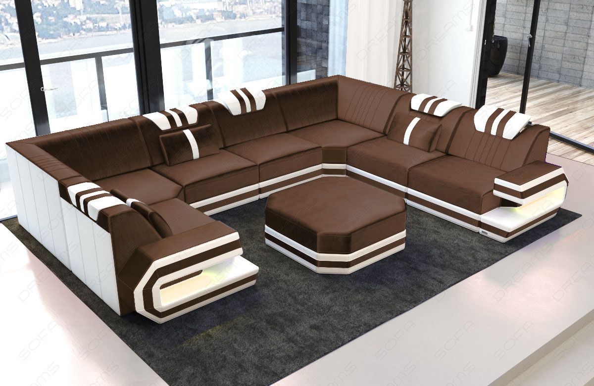 Samtstoff Sofa Ragusa U Form mit LED-Beleuchtung in braun - SunVelvet1019
