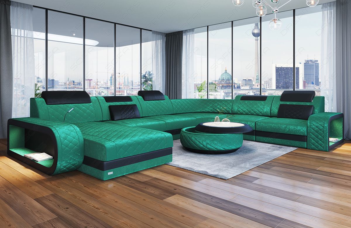Luxus Wohnlandschaf Berlin XXL mit LED-Beleuchtung in türkis - SunVelvet1008