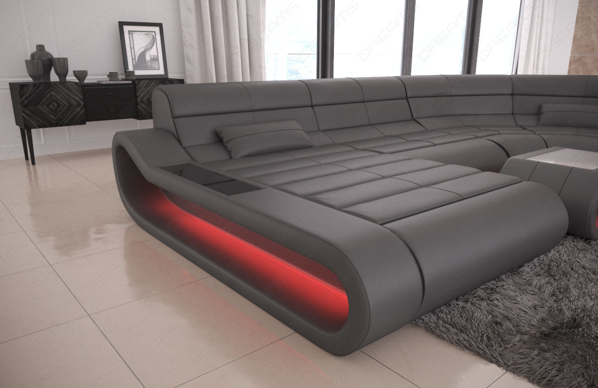 Leder Sofa Wohnlandschaft Concept XXL mit Ottomane Leder in grau - Detailansicht der großen Armlehne
