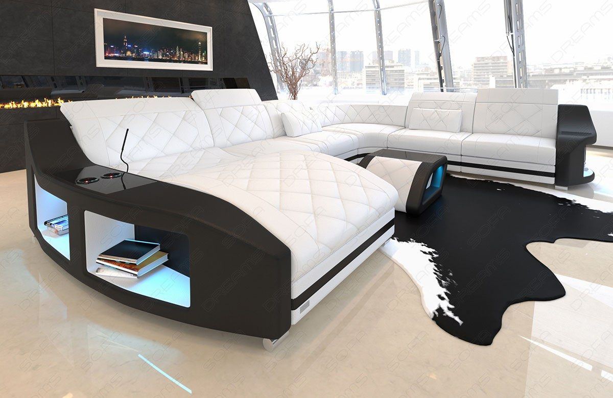 Luxus XXL Sofa mit LED Beleuchtung USB und kühlenden Becherhaltern in weiss - schwarz