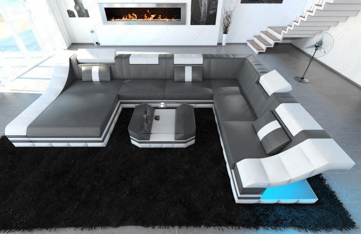 Designer Wohnlandschaft Turino mit Beleuchtung grau- weiß