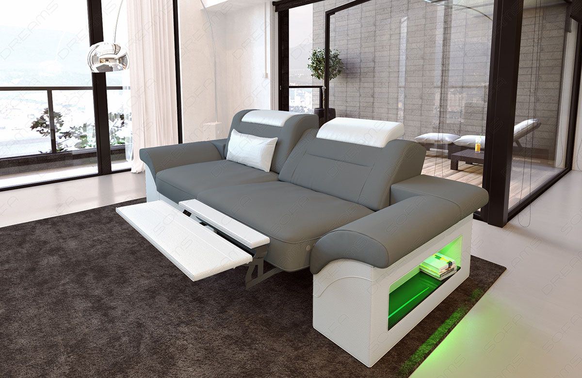 Polster Zweisitzer Sofa Monza LED in grau - Mineva15 - Die LED Beleuchtung, USB Anschluss und Relaxfunktion sind optional erhältlich. Bei weiteren Fragen kontaktieren Sie uns bitte.