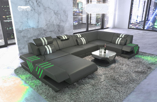 Leder Wohnlandschaft Venedig U Form mit LED Beleuchtung in grau - weiss