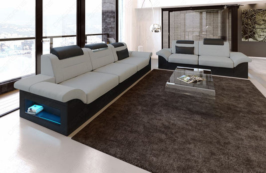 Stoff Couchgarnitur Monza in hellgrau - Mineva12 - Die LED Beleuchtung, USB Anschluss und Relaxfunktion sind optional erhältlich.