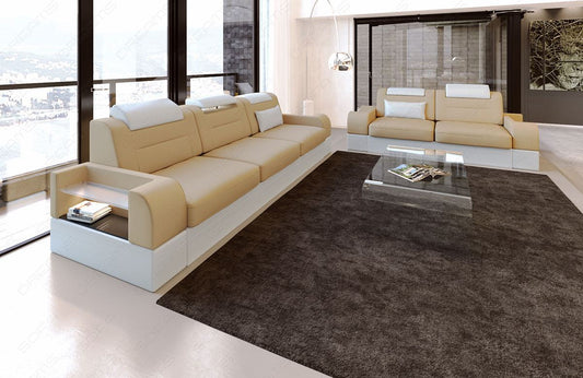 Stoff Couchgarnitur Parma mit Mikrofaser Stoffbezug in beige - Mineva4- Die LED Beleuchtung, USB Anschluss und Relaxfunktion sind optional erhältlich.