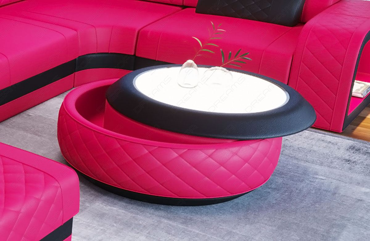 Design Couchtisch Berlin in Leder mit Stauraum in pink - schwarz