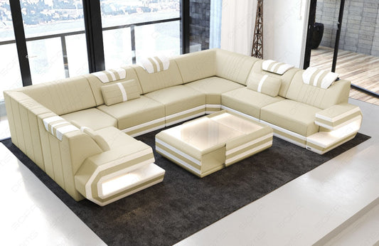 Ledersofa Wohnlandschaft Ragusa U Form mit LED Beleuchtung in beige-weiß