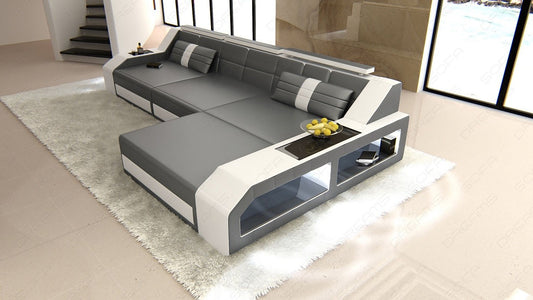 Leder Ecksofa Arezzo L Form in grau-weiß