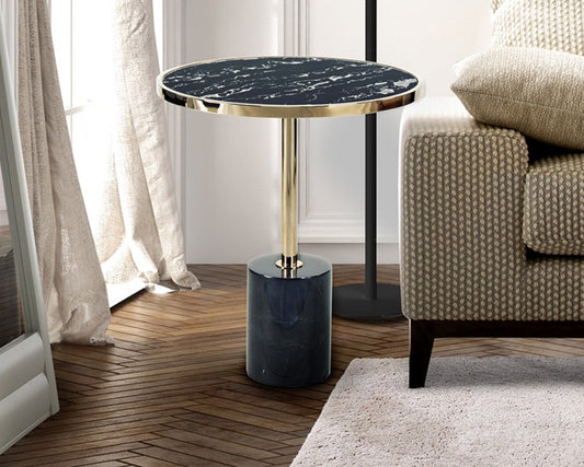 Beistelltisch Dekala schwarz-gold mit Tischplatte aus gehärtetem Glas in Marmoroptik