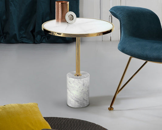 Designer Beistelltisch Dekala in weiß-gold mit Marmorsockel