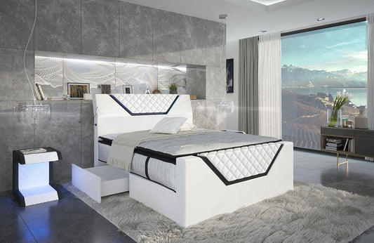 Design Leder Boxspringbett Nantes in weiß-schwarz mit optional erhältlichen Schubladen (2 pro Seite)