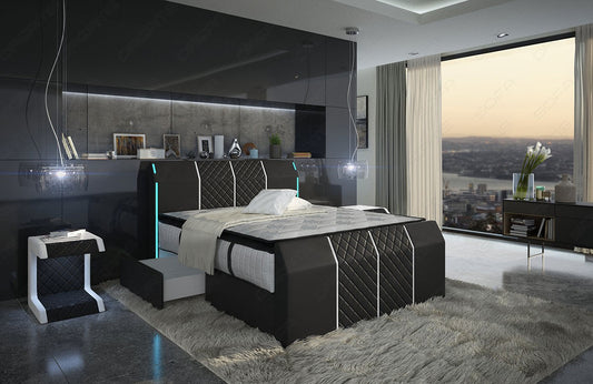 Leder Boxspringbett Paris in schwarz-weiß mit optional erhältlichen Schubladen (2 pro Seite)