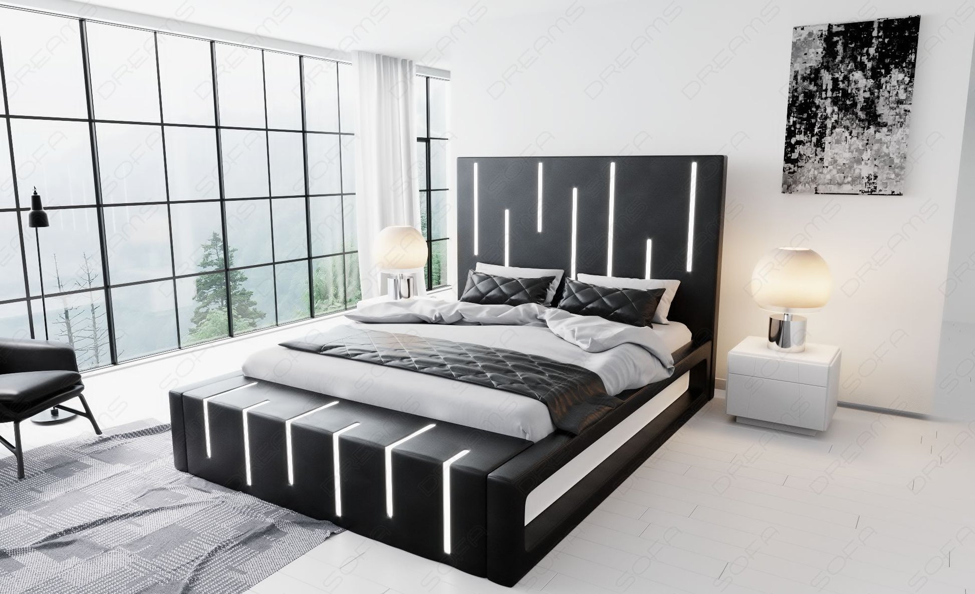 Boxspringbett Milona in schwarz mit weißem Seitenkasten