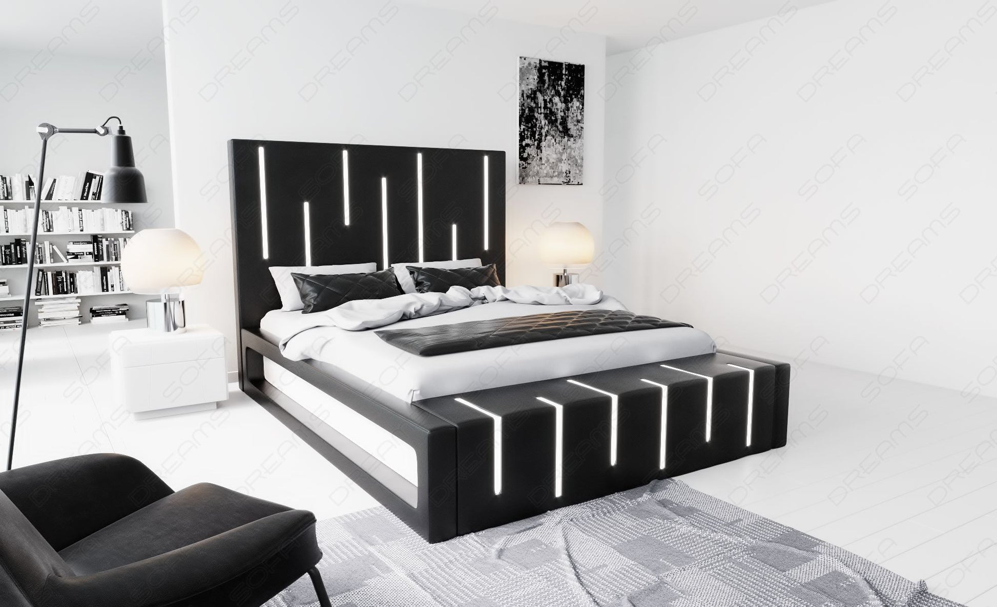 Boxspringbett Milona in schwarz mit weißem Seitenkasten