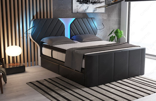 Designer Boxspringbett Nizza in schwarz-weiß. Liegemaß frei wählbar von 140x200cm bis 200x220cm. Die USB-Anschlüsse im Kopfteil sind optional erhältlich.