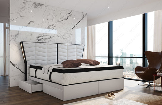 Luxux Boxspringbett Novara in weiß-schwarz mit LED-Beleuchtung und optional erhältlichen USB-Anschlüssen