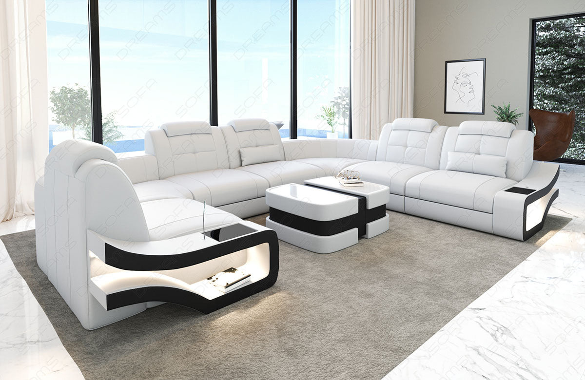 Moderne Ledersofa Wohnlandschaft Elena U Form in weiß-schwarz