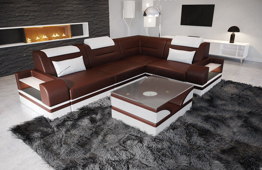 Ledersofa Trivento Mini L Form Kurz mit LED in dunkelbraun-weiß